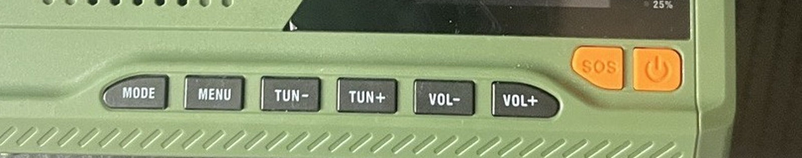 Panel przycisków: MODE, MENU, TUN-, TUN+, VOL-, VOL+, SOS, włącznik
